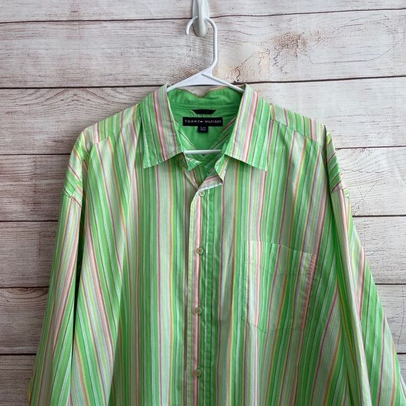 VINTAGE TOMMY HILFIGER SHIRT IN BRIGHT LIME GREEN STRIPES - Picture 2 of 8